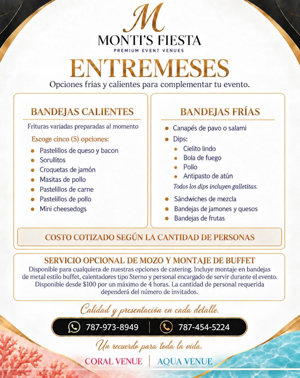 Flyer Servicio de Entremeses Monti's Fiesta en Hatillo