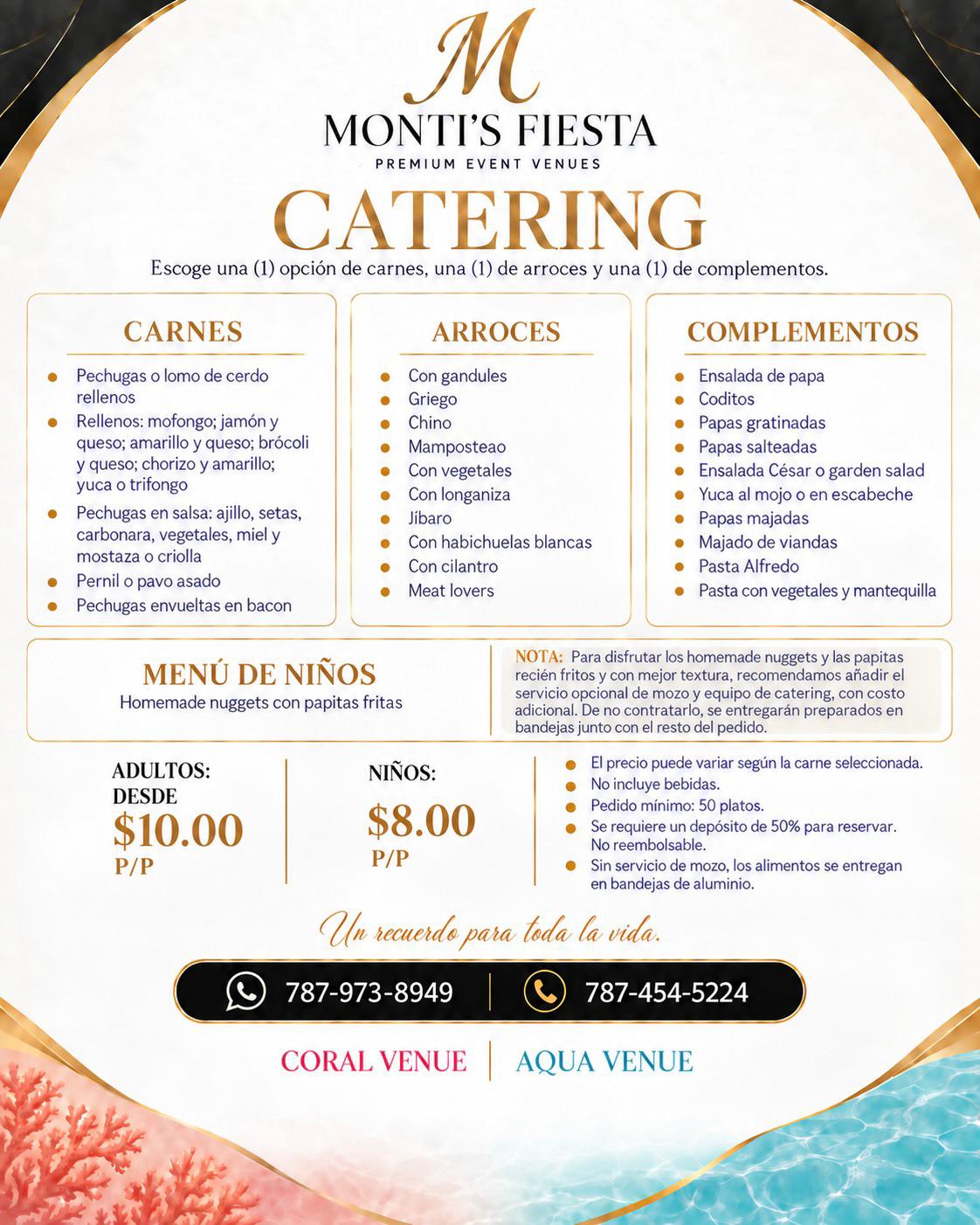 Flyer Servicio de Catering Monti's Fiesta en Hatillo